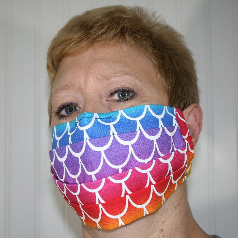 HAND CRAFTED Face Mask Rainbow Mermaid Stripes Cotton- Adult - Pocket Style